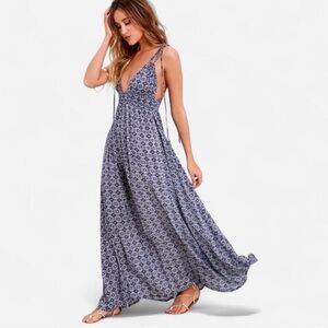 Lulu's Field Day Navy Blue Print Tie-Strap Maxi Dress XXS